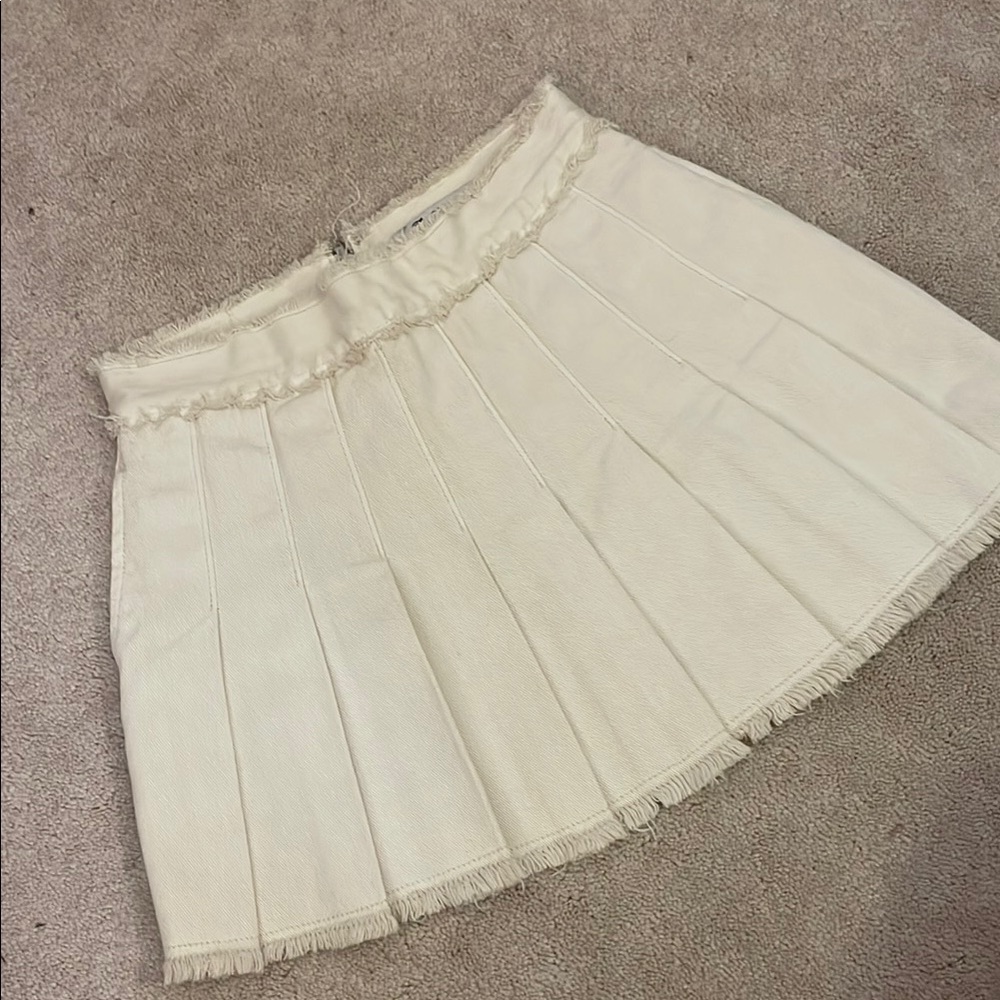 Distressed Denim Cream Pleated Skirt